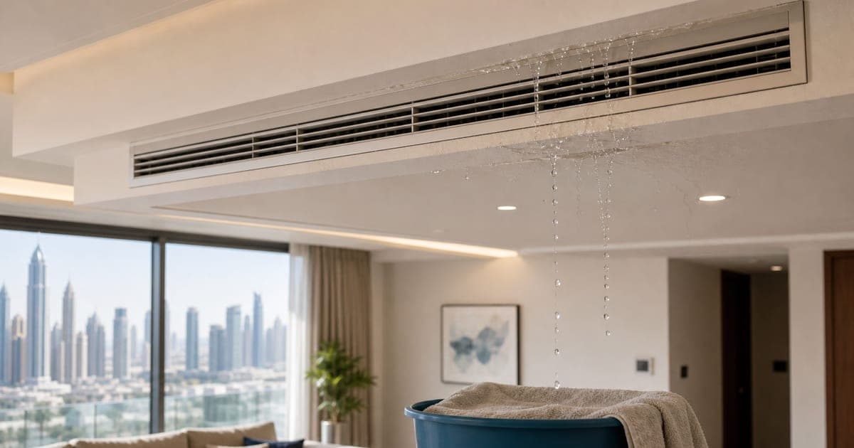 AC Leaking Water Dubai: 6 Causes & Repair Costs - AC dripping water in Dubai? Learn the 6 common causes, safe self-checks, repair costs from AED 99, and when to compare AC technician quotes.
