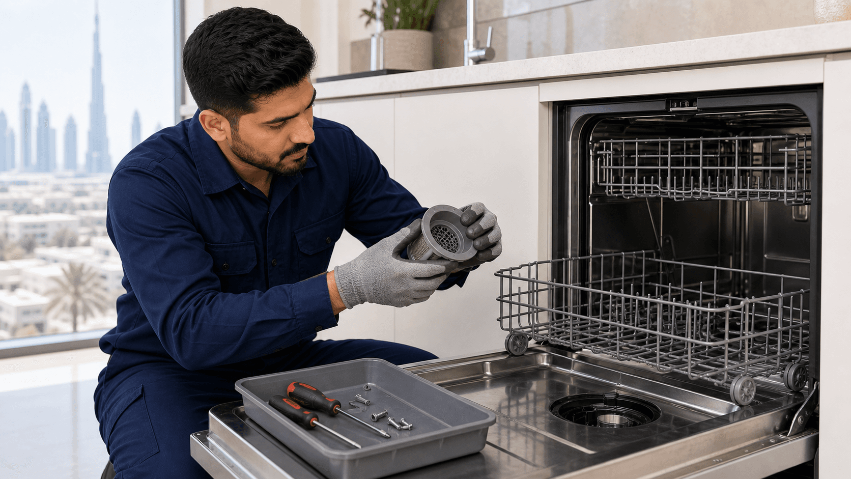 Dishwasher Repair Dubai Cost Guide 2026 - Dubai dishwasher repair often starts with AED 150-250 diagnosis, while pump, valve, hose, spray arm or board repairs can cost more.